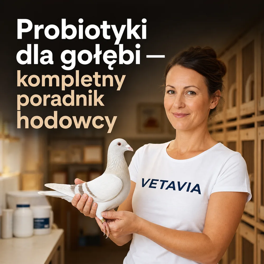 Probiotyki dla gołębi — hodowczyni podaje probiotyk gołębiowi, poradnik Vetavia