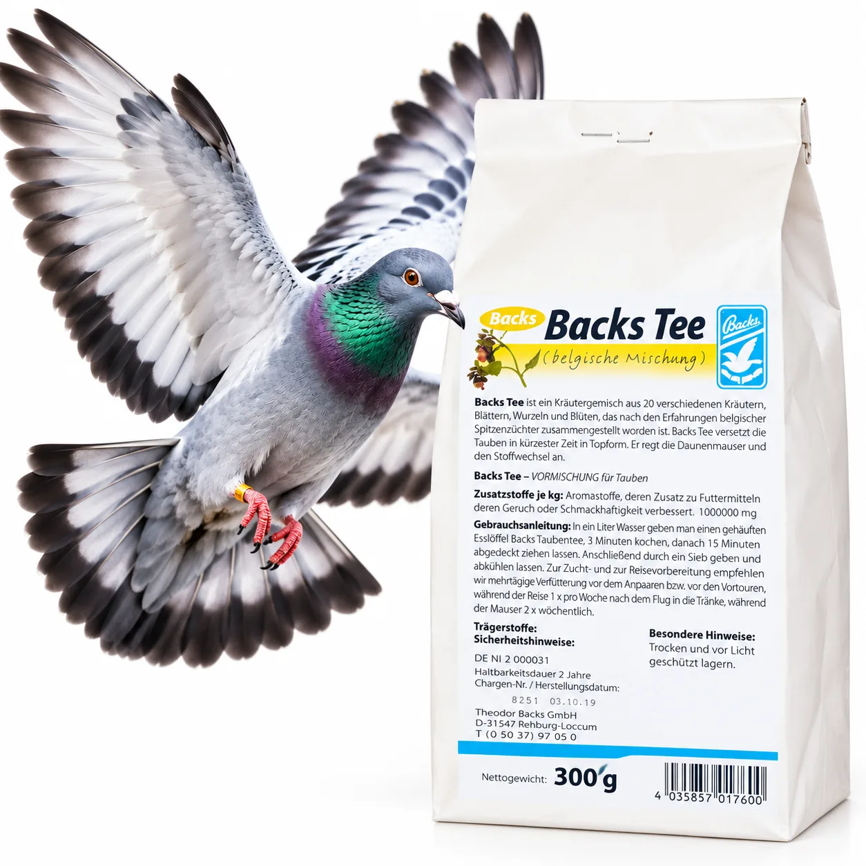 BACKS Tee 300 g – belgijska herbata ziołowa dla gołębi, opakowanie