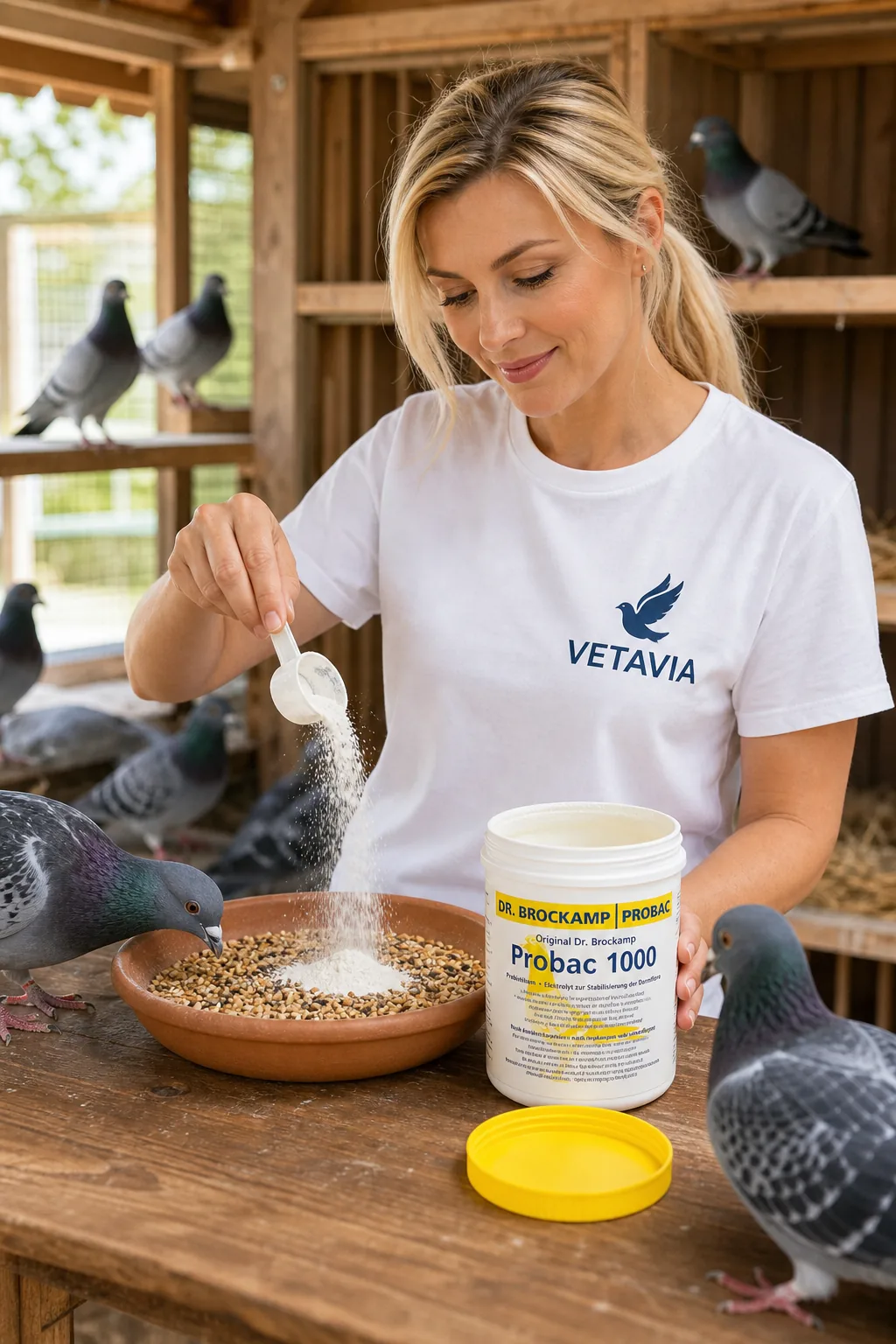 Probac 1000 – dawkowanie: 5 g na 1 kg karmy lub 1 l wody dla 25 gołębi